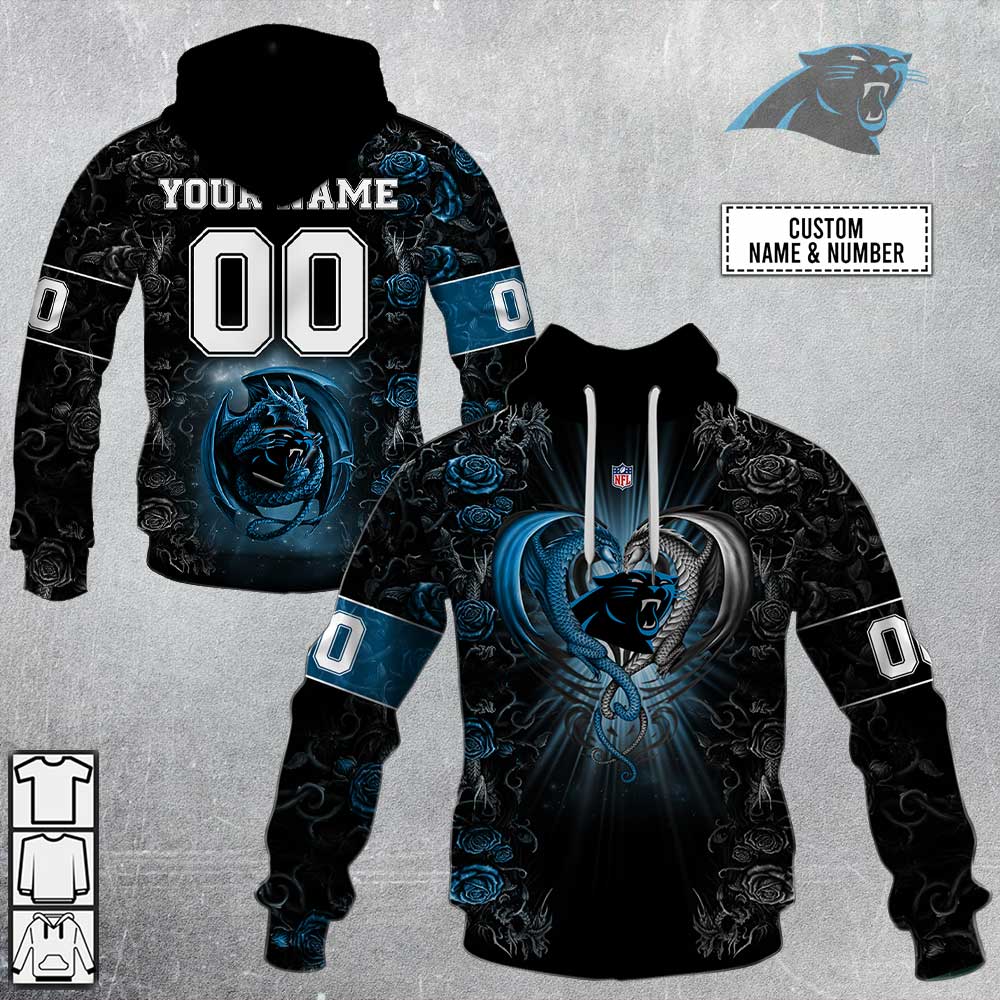 NFL Carolina Panthers Custom Name Number Rose Dragon Pullover Hoodie NFL Carolina Panthers Custom Name Number Rose Dragon Pullover Hoodie