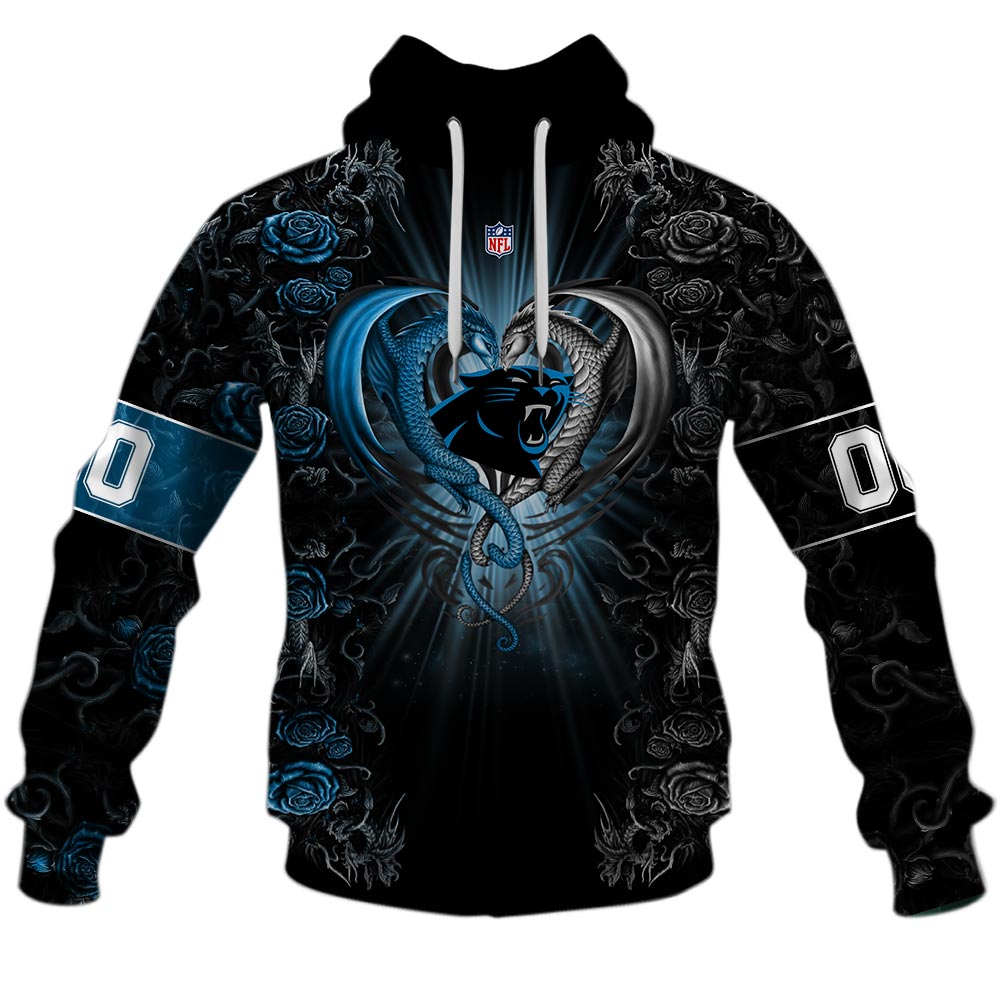 NFL Carolina Panthers Custom Name Number Rose Dragon Pullover Hoodie NFL Carolina Panthers Custom Name Number Rose Dragon Pullover Hoodie