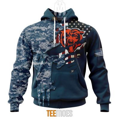 NFL Chicago Bears Custom Name Number Navy Skull Camo Veteran Pullover Hoodie