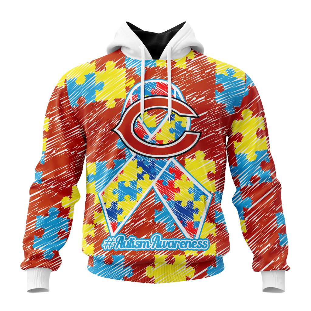 NFL Chicago Bears Custom Name Number Puzzle Autism Awareness Pullover Hoodie NFL Chicago Bears Custom Name Number Puzzle Autism Awareness Pullover Hoodie