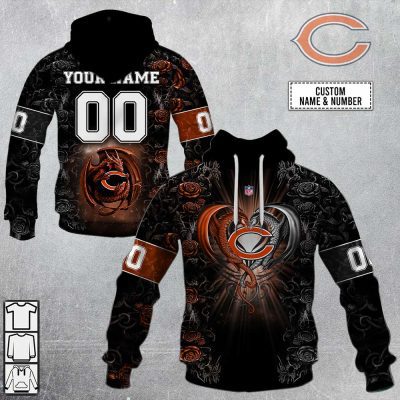 NFL Chicago Bears Custom Name Number Rose Dragon Pullover Hoodie