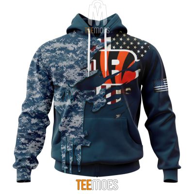 NFL Cincinnati Bengals Custom Name Number Navy Skull Camo Veteran Pullover Hoodie