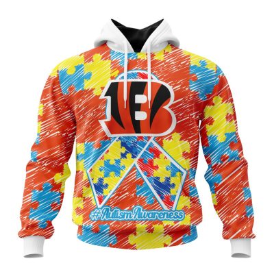 NFL Cincinnati Bengals Custom Name Number Puzzle Autism Awareness Pullover Hoodie