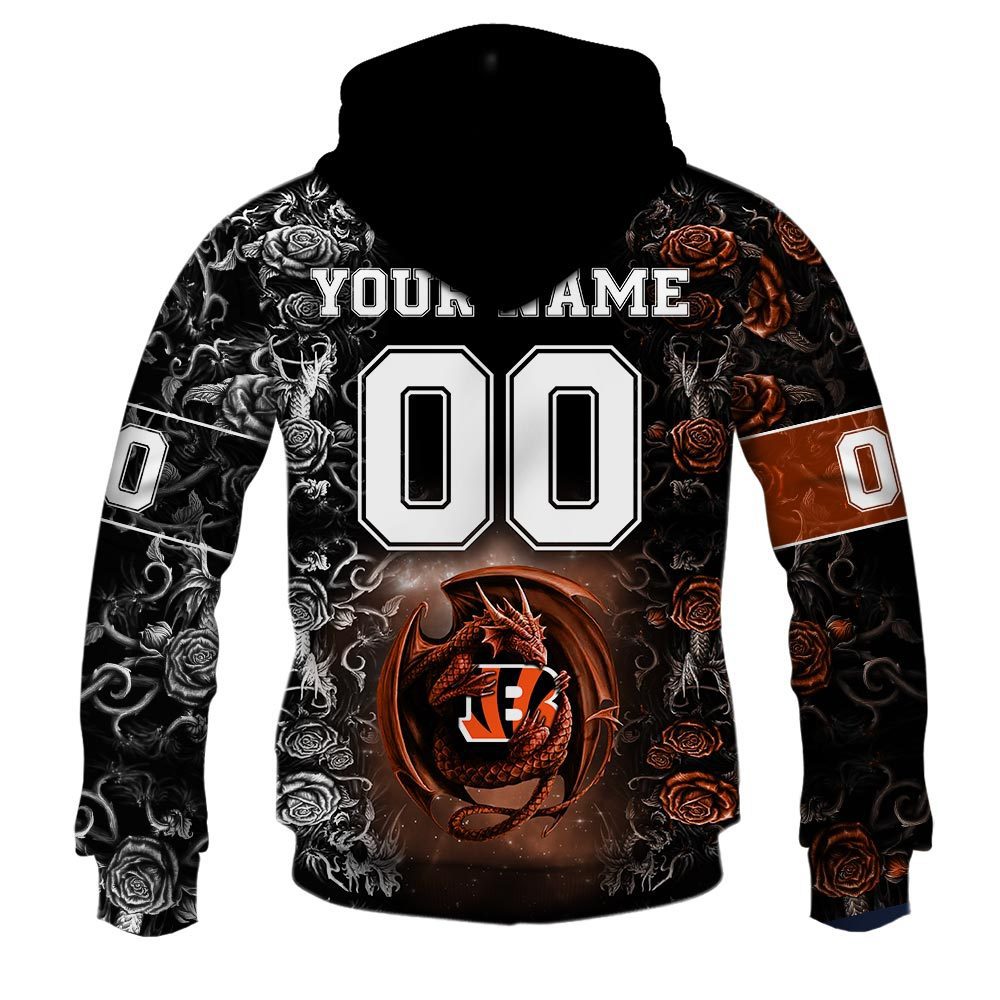 NFL Cincinnati Bengals Custom Name Number Rose Dragon Pullover Hoodie NFL Cincinnati Bengals Custom Name Number Rose Dragon Pullover Hoodie