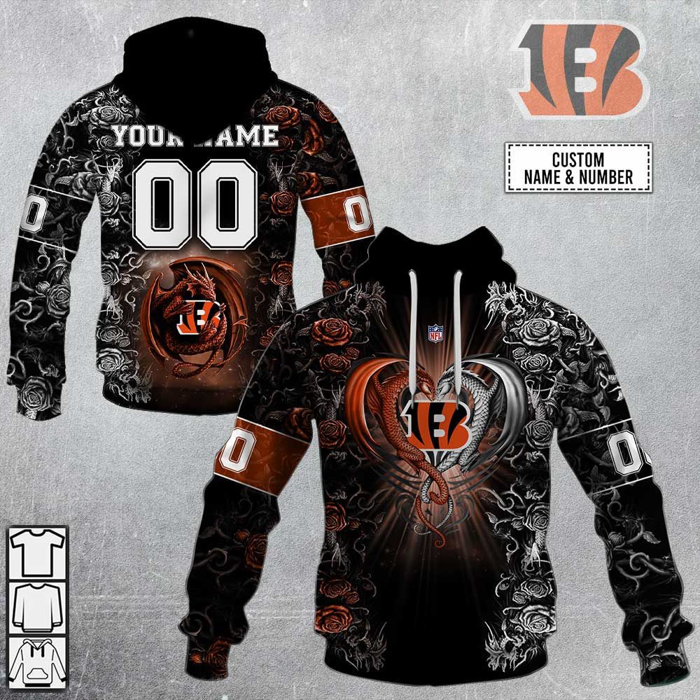 NFL Cincinnati Bengals Custom Name Number Rose Dragon Pullover Hoodie NFL Cincinnati Bengals Custom Name Number Rose Dragon Pullover Hoodie