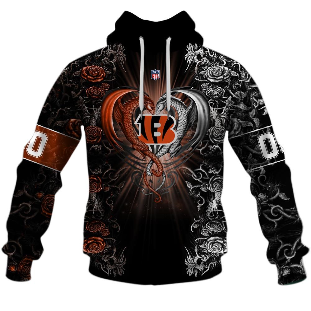 NFL Cincinnati Bengals Custom Name Number Rose Dragon Pullover Hoodie NFL Cincinnati Bengals Custom Name Number Rose Dragon Pullover Hoodie