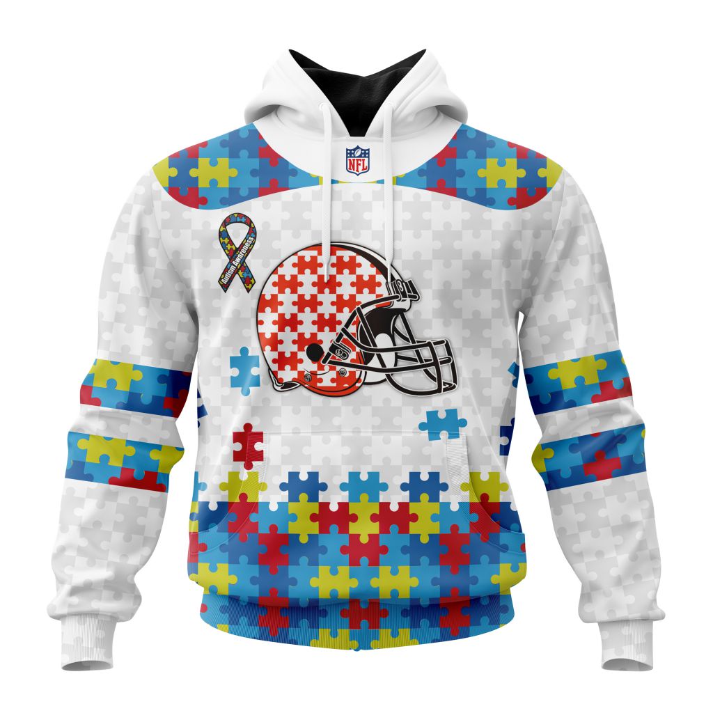 NFL Cleveland Browns Custom Name Number Autism Awareness Pullover Hoodie NFL Cleveland Browns Custom Name Number Autism Awareness Pullover Hoodie