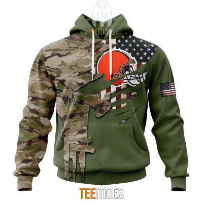 NFL Cleveland Browns Custom Name Number Green Camo US Military Pullover Hoodie
