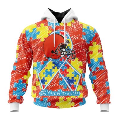 NFL Cleveland Browns Custom Name Number Puzzle Autism Awareness Pullover Hoodie