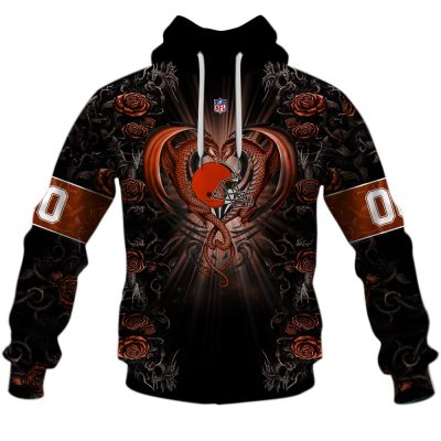 NFL Cleveland Browns Custom Name Number Rose Dragon Pullover Hoodie