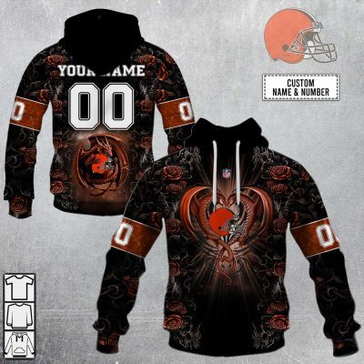 NFL Cleveland Browns Custom Name Number Rose Dragon Pullover Hoodie