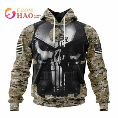 NFL Cleveland Browns Custom Name Number Punisher Skull Pullover Hoodie