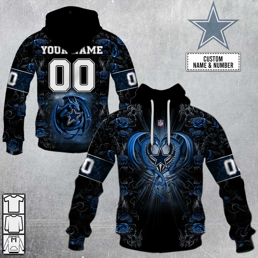 NFL Dallas Cowboys Custom Name Number Rose Dragon Pullover Hoodie NFL Dallas Cowboys Custom Name Number Rose Dragon Pullover Hoodie