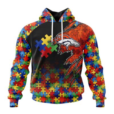 NFL Denver Broncos Custom Name Number Autism Awareness Design Pullover Hoodie