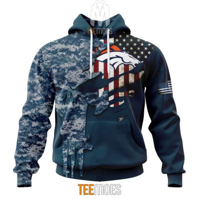 NFL Denver Broncos Custom Name Number Navy Skull Camo Veteran Pullover Hoodie