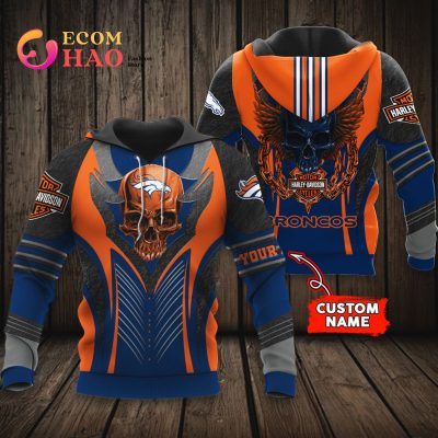 NFL Denver Broncos Custom Name Skull Orange Blue Pullover Hoodie V2