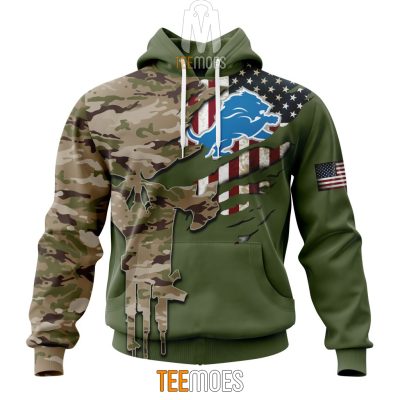 NFL Detroit Lions Custom Name Number Green Camo US Military Pullover Hoodie