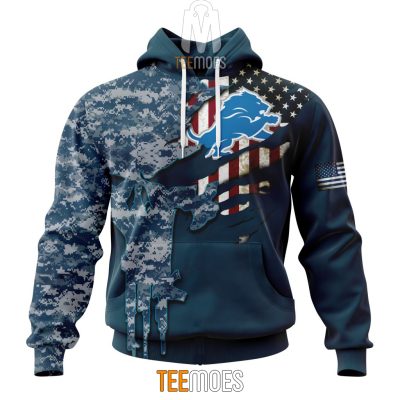 NFL Detroit Lions Custom Name Number Navy Skull Camo Veteran Pullover Hoodie