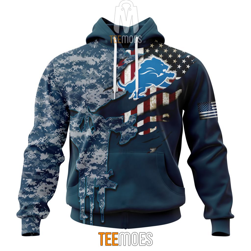 NFL Detroit Lions Custom Name Number Navy Skull Camo Veteran Pullover Hoodie NFL Detroit Lions Custom Name Number Navy Skull Camo Veteran Pullover Hoodie