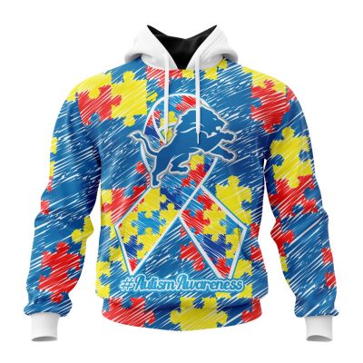 NFL Detroit Lions Custom Name Number Puzzle Autism Awareness Pullover Hoodie