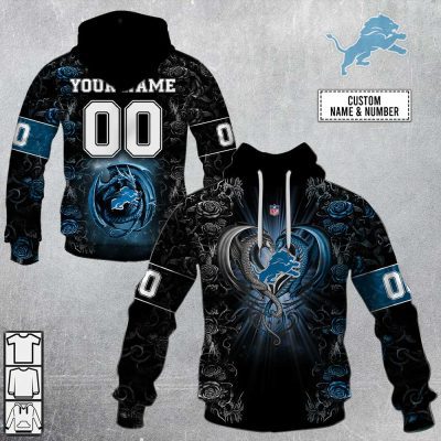 NFL Detroit Lions Custom Name Number Rose Dragon Pullover Hoodie