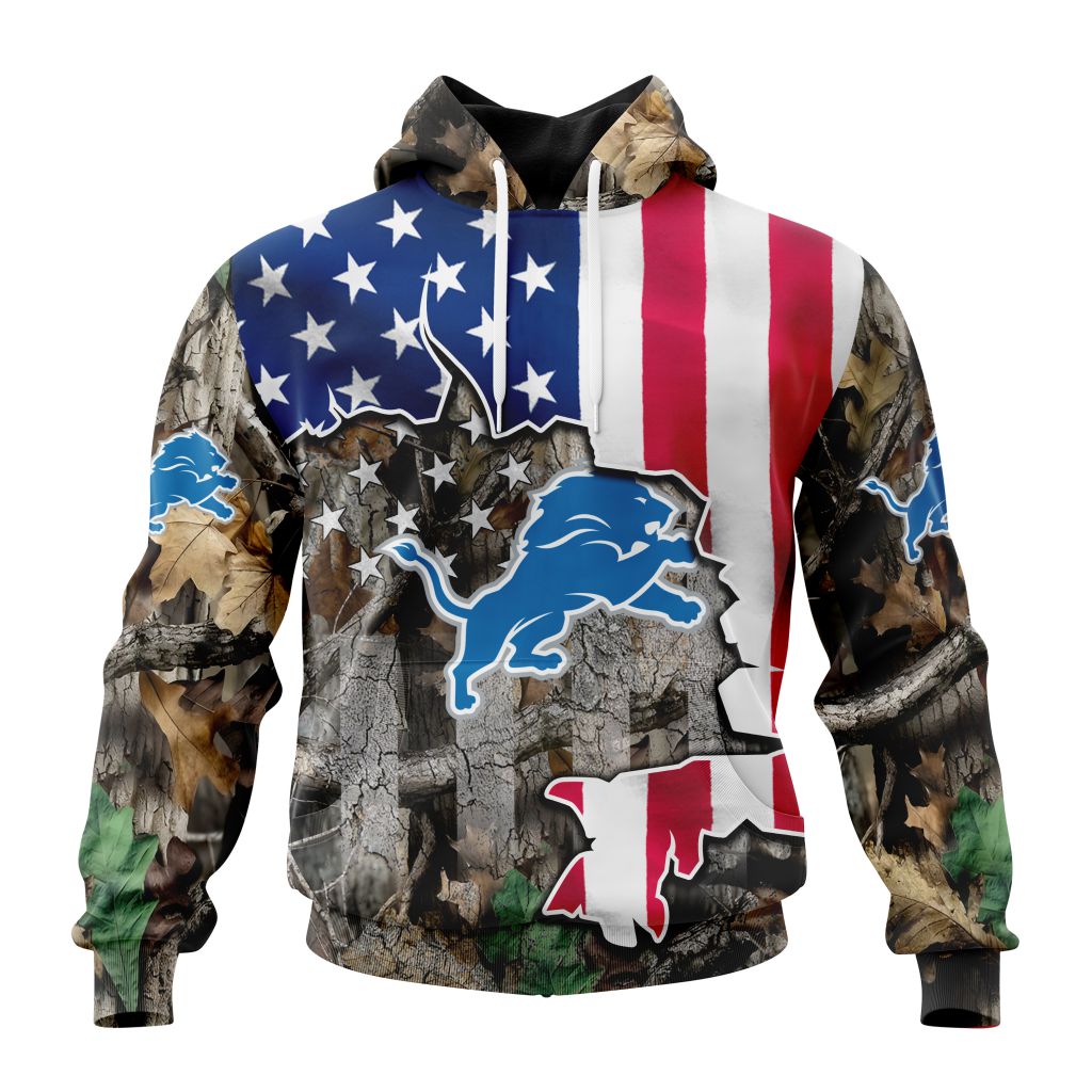 NFL Detroit Lions Custom Name Number USA Flag Camo Realtree Pullover Hoodie NFL Detroit Lions Custom Name Number USA Flag Camo Realtree Pullover Hoodie
