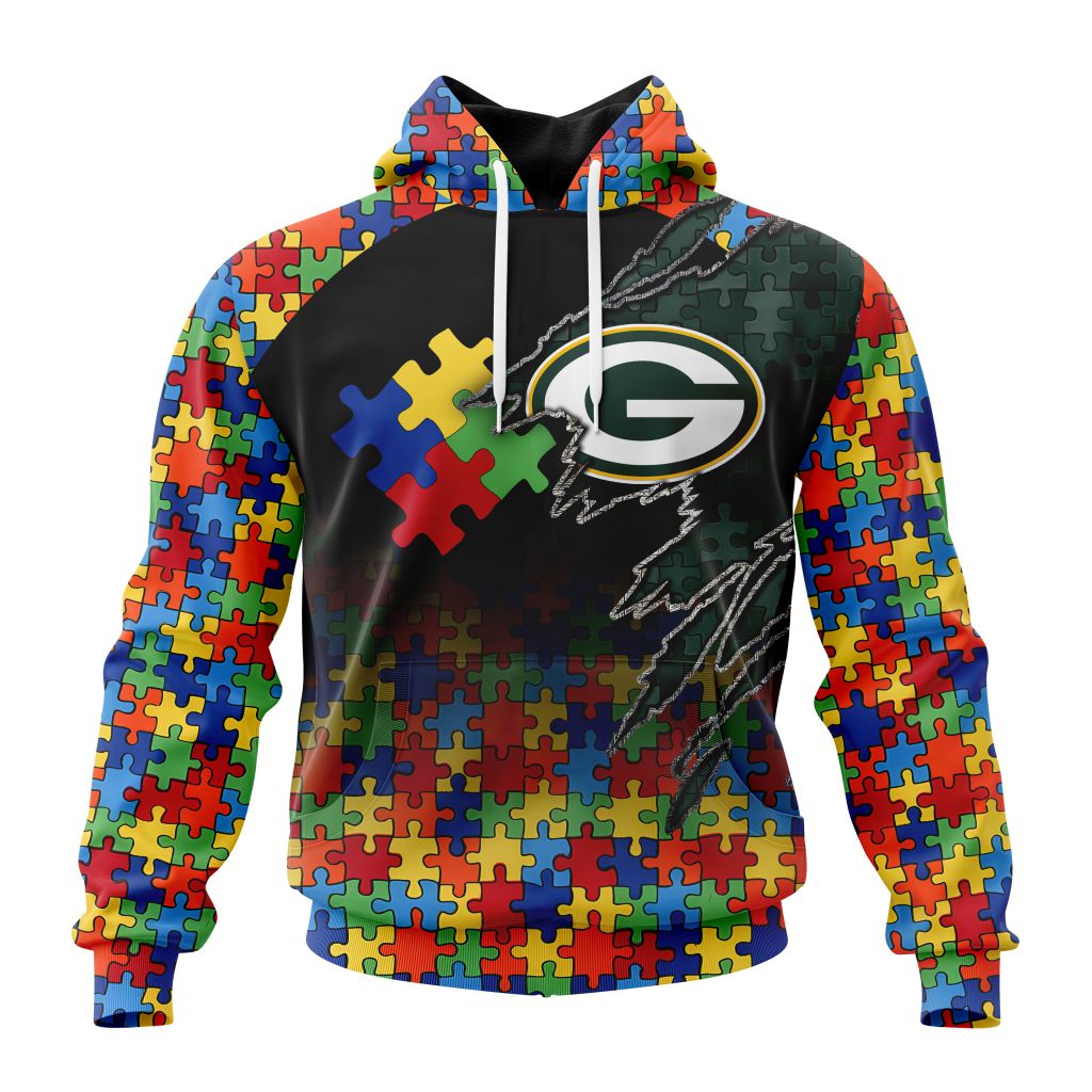 NFL Green Bay Packers Custom Name Number Autism Awareness Design Pullover Hoodie NFL Green Bay Packers Custom Name Number Autism Awareness Design Pullover Hoodie