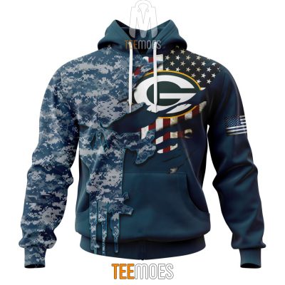 NFL Green Bay Packers Custom Name Number Navy Skull Camo Veteran Pullover Hoodie