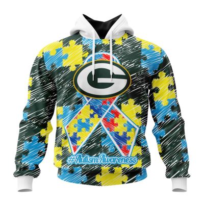 NFL Green Bay Packers Custom Name Number Puzzle Autism Awareness Pullover Hoodie