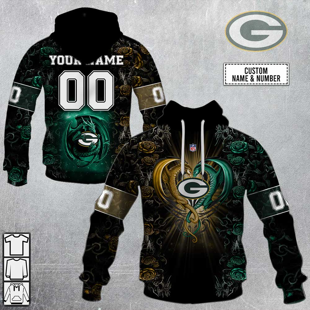 NFL Green Bay Packers Custom Name Number Rose Dragon Pullover Hoodie NFL Green Bay Packers Custom Name Number Rose Dragon Pullover Hoodie