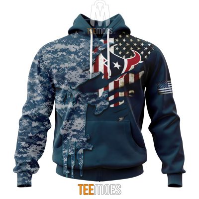 NFL Houston Texans Custom Name Number Navy Skull Camo Veteran Pullover Hoodie