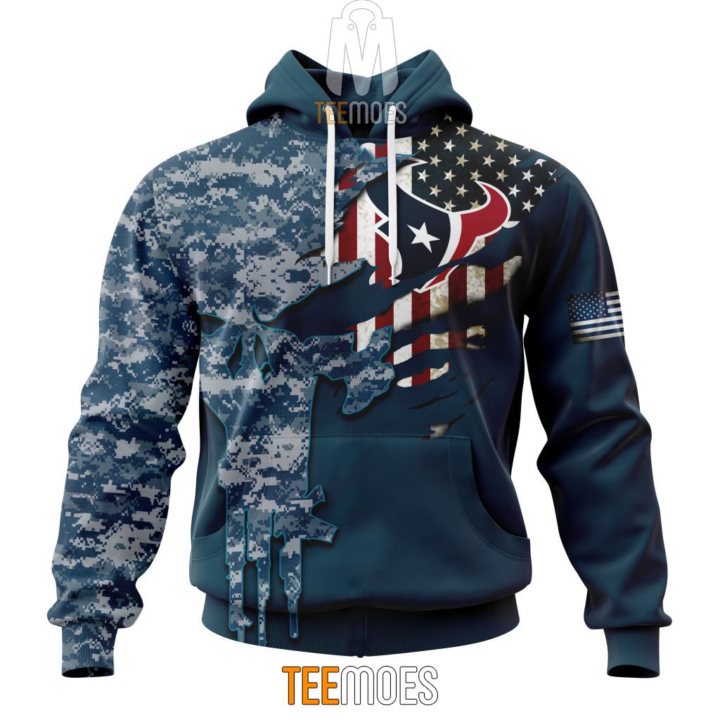 NFL Houston Texans Custom Name Number Navy Skull Camo Veteran Pullover Hoodie NFL Houston Texans Custom Name Number Navy Skull Camo Veteran Pullover Hoodie