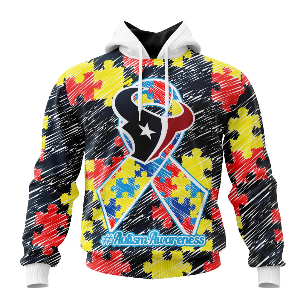 NFL Houston Texans Custom Name Number Puzzle Autism Awareness Pullover Hoodie NFL Houston Texans Custom Name Number Puzzle Autism Awareness Pullover Hoodie