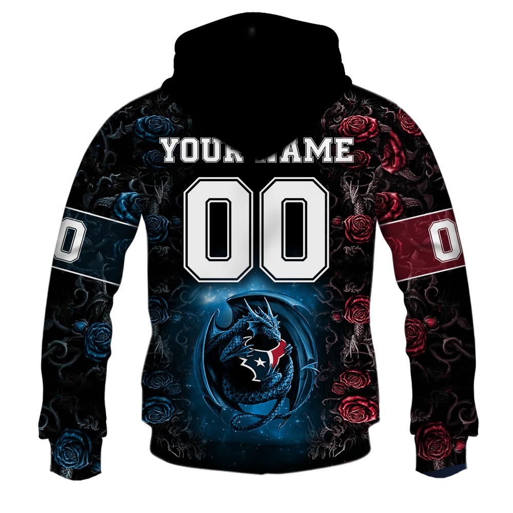 NFL Houston Texans Custom Name Number Rose Dragon Pullover Hoodie NFL Houston Texans Custom Name Number Rose Dragon Pullover Hoodie