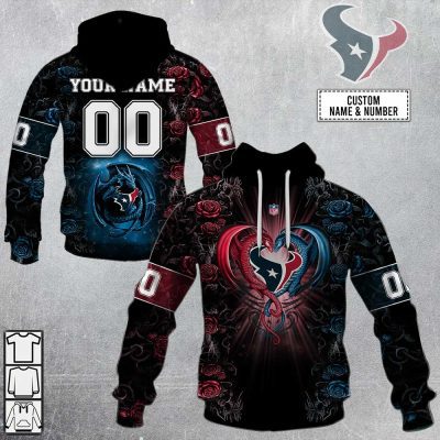 NFL Houston Texans Custom Name Number Rose Dragon Pullover Hoodie