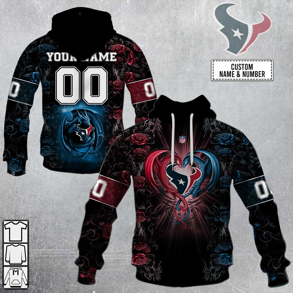 NFL Houston Texans Custom Name Number Rose Dragon Pullover Hoodie NFL Houston Texans Custom Name Number Rose Dragon Pullover Hoodie
