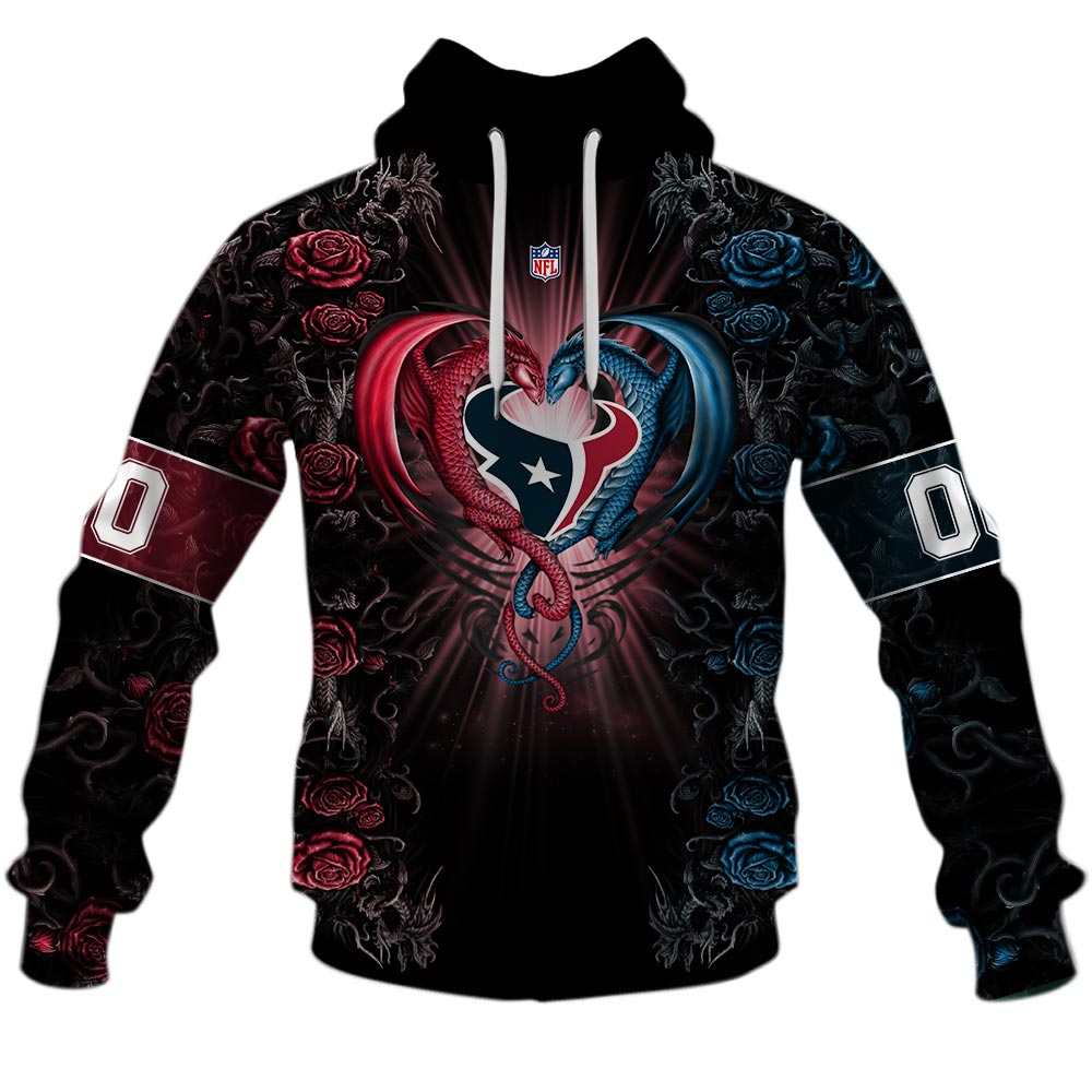 NFL Houston Texans Custom Name Number Rose Dragon Pullover Hoodie NFL Houston Texans Custom Name Number Rose Dragon Pullover Hoodie