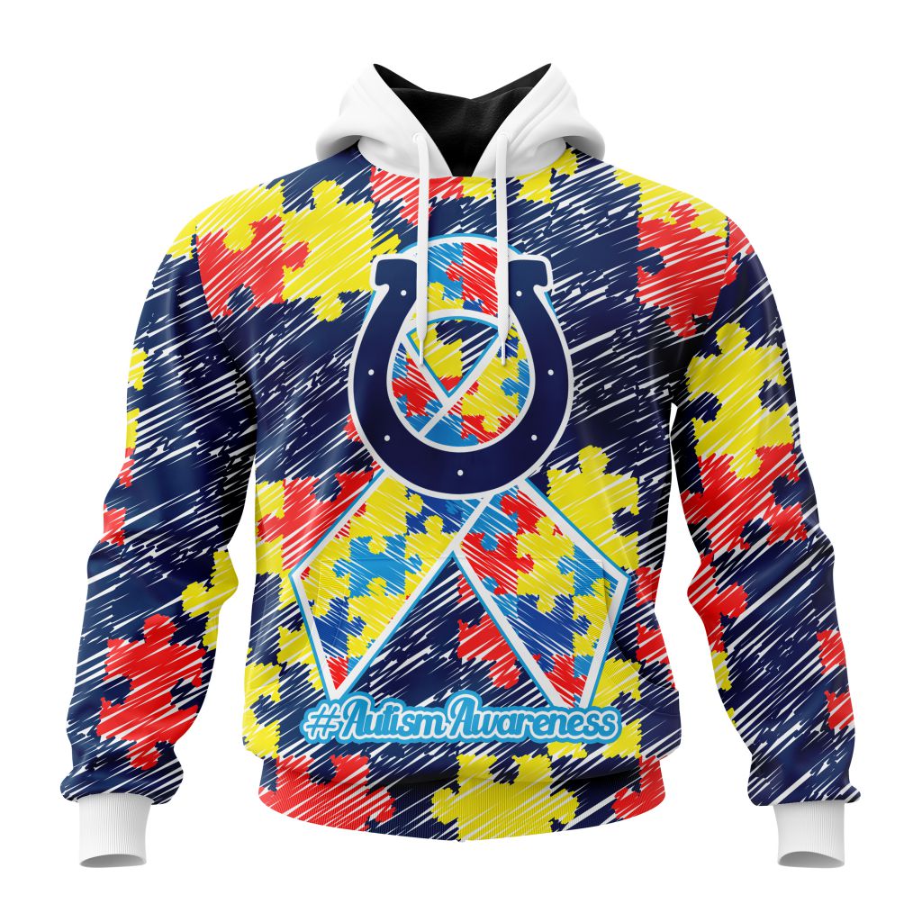NFL Indianapolis Colts Custom Name Number Puzzle Autism Awareness Pullover Hoodie NFL Indianapolis Colts Custom Name Number Puzzle Autism Awareness Pullover Hoodie