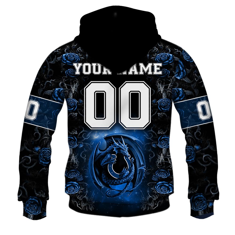 NFL Indianapolis Colts Custom Name Number Rose Dragon Pullover Hoodie NFL Indianapolis Colts Custom Name Number Rose Dragon Pullover Hoodie