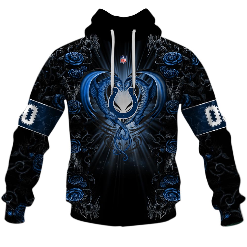 NFL Indianapolis Colts Custom Name Number Rose Dragon Pullover Hoodie NFL Indianapolis Colts Custom Name Number Rose Dragon Pullover Hoodie