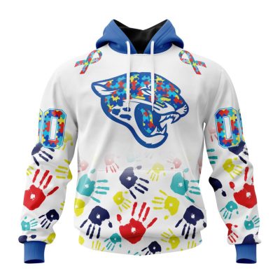 NFL Jacksonville Jaguars Custom Name Number Autism Awareness Hands Pullover Hoodie