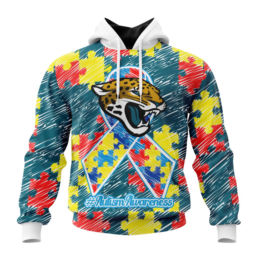 NFL Jacksonville Jaguars Custom Name Number Puzzle Autism Awareness Pullover Hoodie NFL Jacksonville Jaguars Custom Name Number Puzzle Autism Awareness Pullover Hoodie