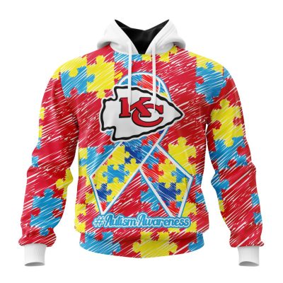 NFL Kansas City Chiefs Custom Name Number Puzzle Autism Awareness Pullover Hoodie