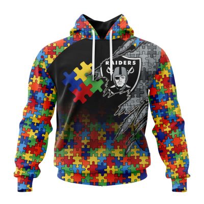 NFL Las Vegas Raiders Custom Name Number Autism Awareness Design Pullover Hoodie