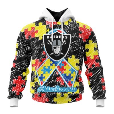 NFL Las Vegas Raiders Custom Name Number Puzzle Autism Awareness Pullover Hoodie
