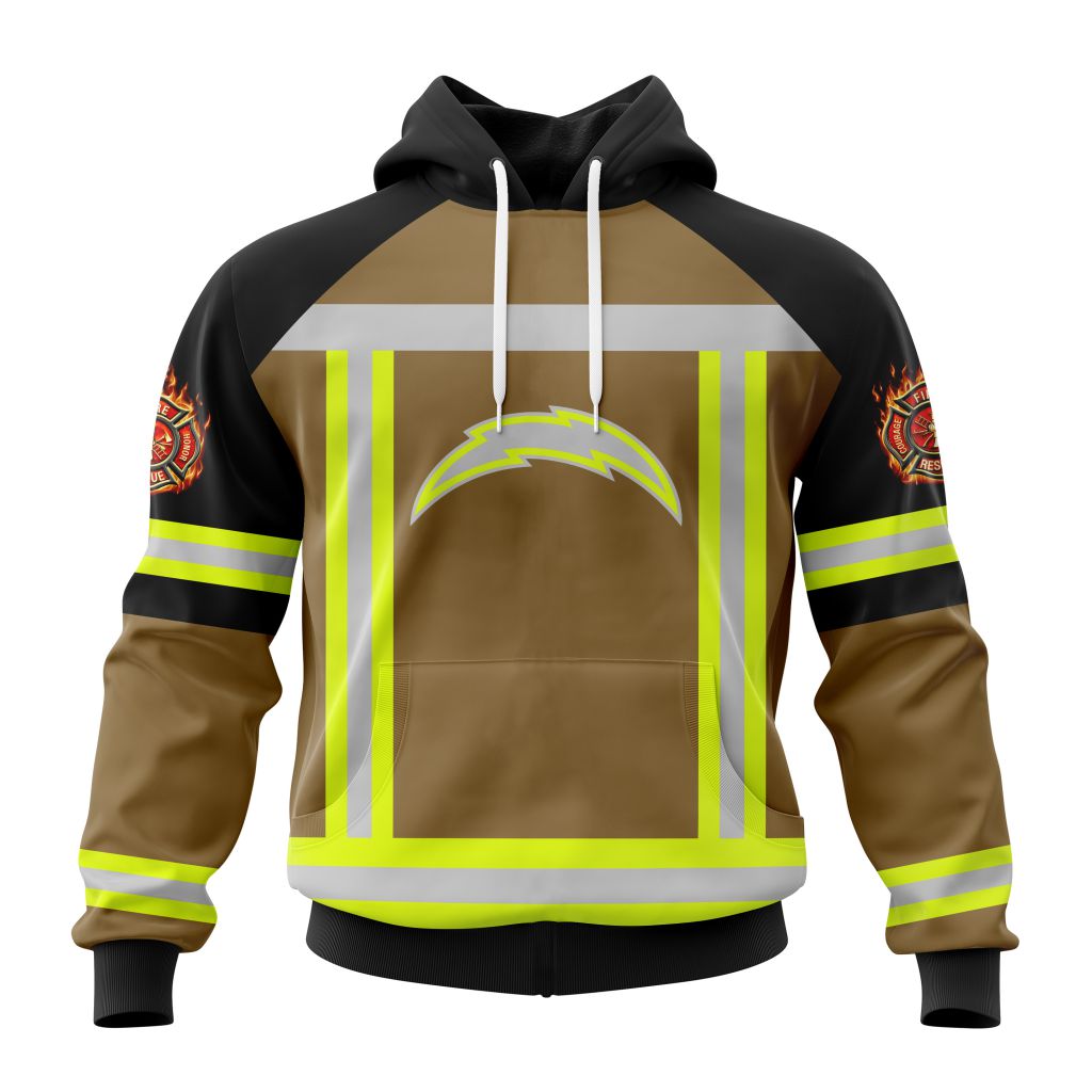 NFL Los Angeles Chargers Custom Name Number Firefighter Uniform Pullover Hoodie NFL Los Angeles Chargers Custom Name Number Firefighter Uniform Pullover Hoodie
