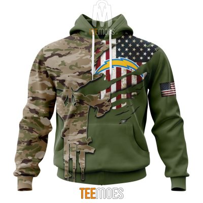 NFL Los Angeles Chargers Custom Name Number Green Camo US Military Pullover Hoodie