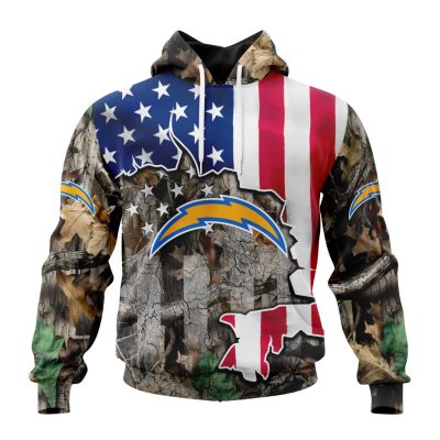 NFL Los Angeles Chargers Custom Name Number USA Flag Camo Realtree Pullover Hoodie