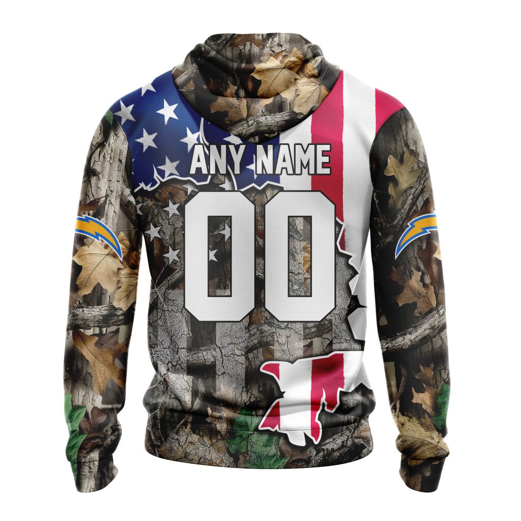 NFL Los Angeles Chargers Custom Name Number USA Flag Camo Realtree Pullover Hoodie NFL Los Angeles Chargers Custom Name Number USA Flag Camo Realtree Pullover Hoodie