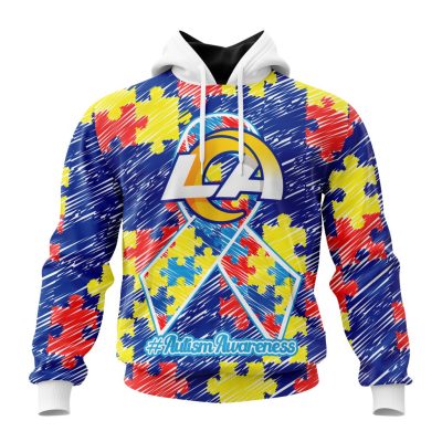 NFL Los Angeles Rams Custom Name Number Puzzle Autism Awareness Pullover Hoodie